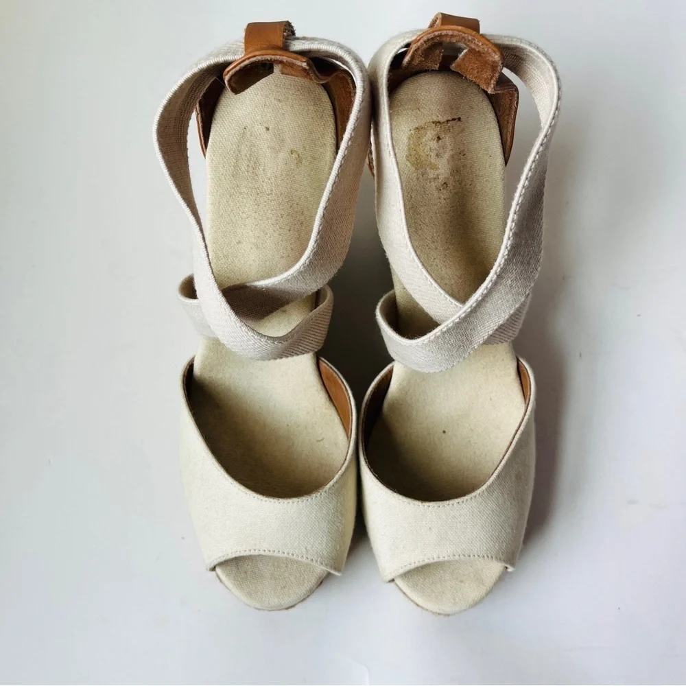 Tory Burch Kate Cream and Tan Woven Espadrille Wedge Platform Sandals
